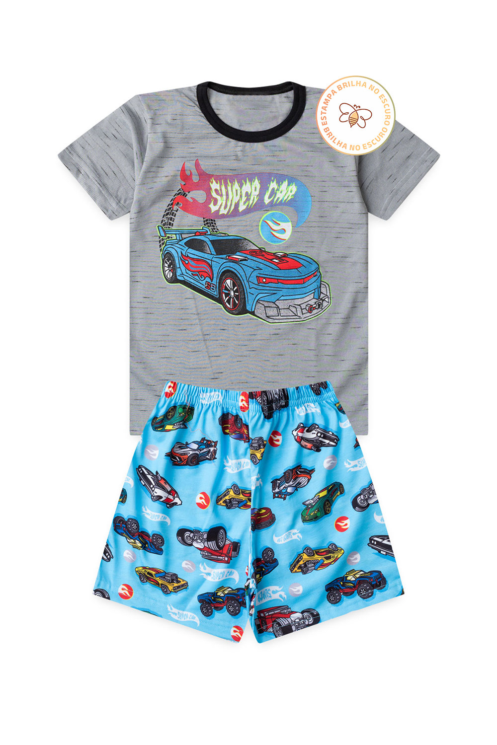 Pijama Infantil Menino Verão em Algodão Super Carro Brilha no Escuro