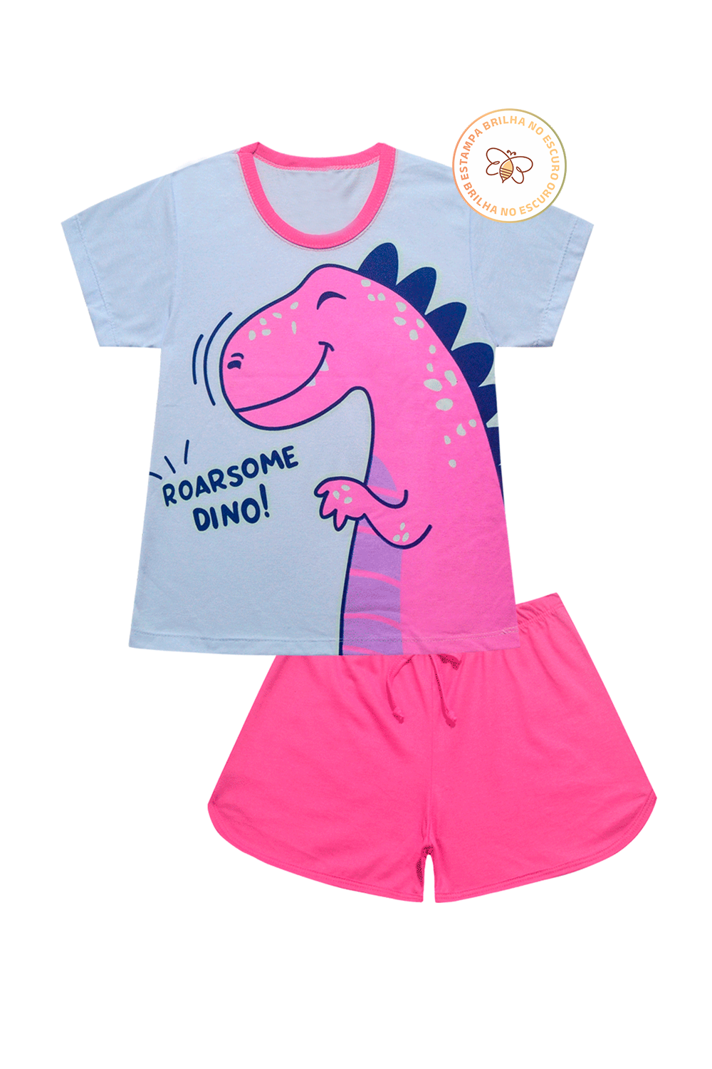 Pijama Infantil Menina Verão em Algodão Dino Rosa Brilha no Escuro