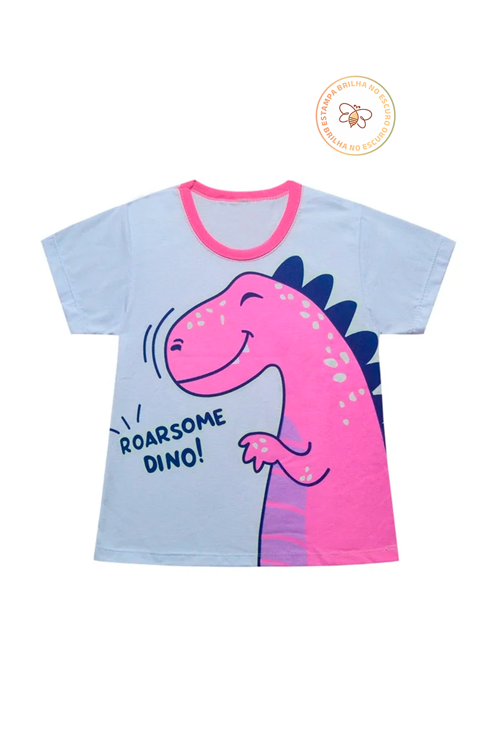 Pijama Infantil Menina Verão em Algodão Dino Rosa Brilha no Escuro