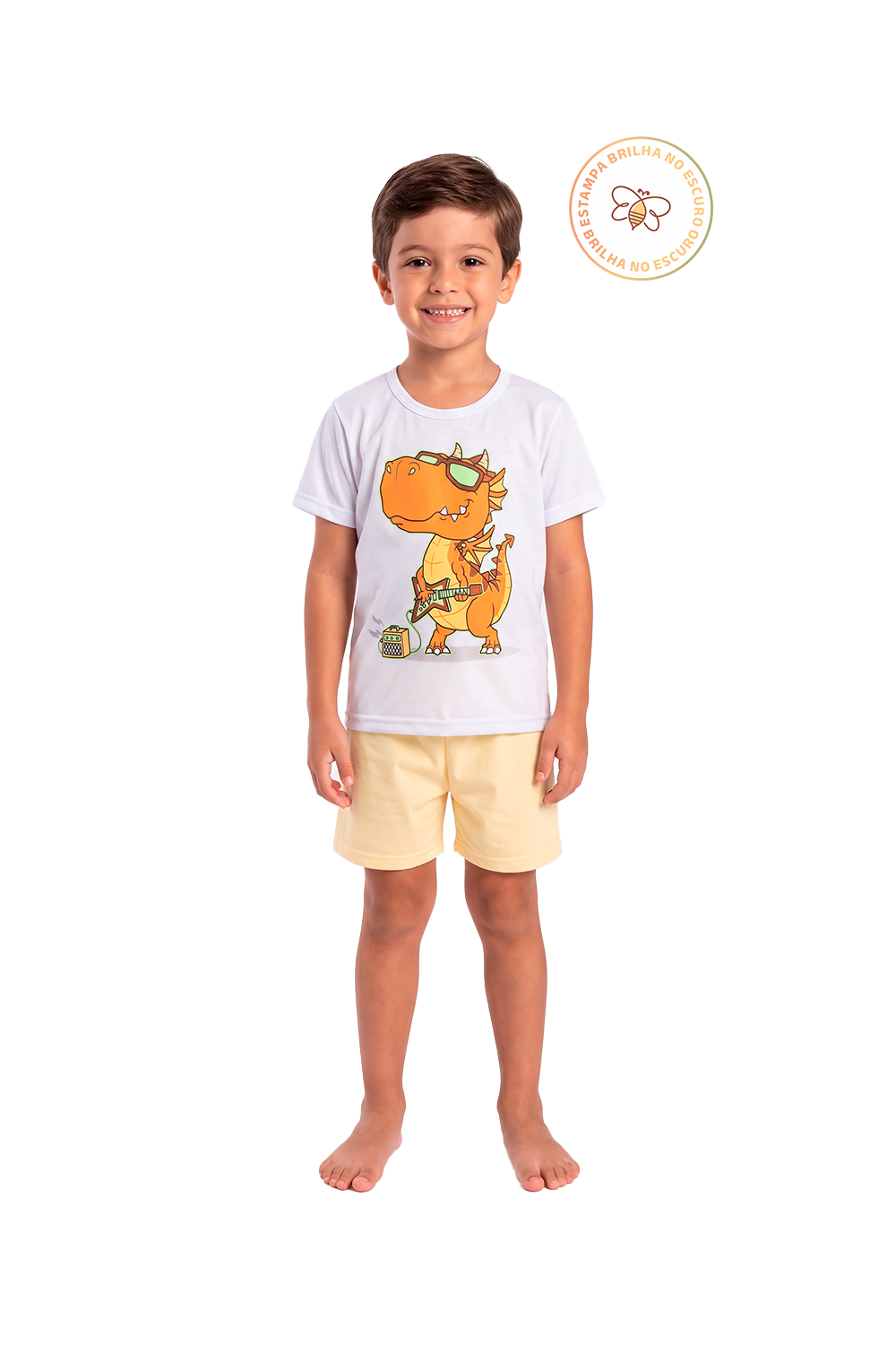 Pijama Infantil Menino Verão em Algodão Dino Guitarra Brilha no Escuro