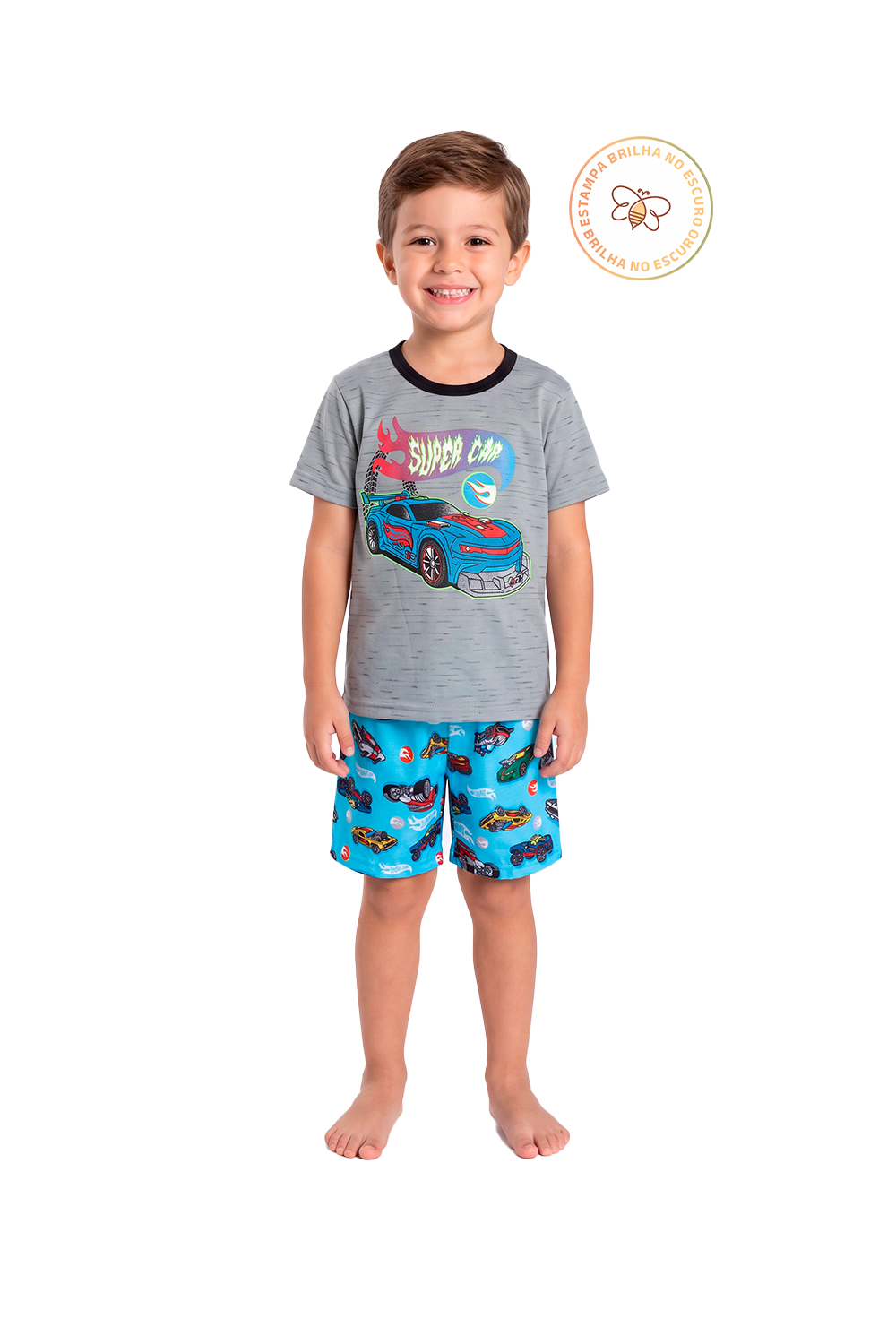 Pijama Infantil Menino Verão em Algodão Super Carro Brilha no Escuro