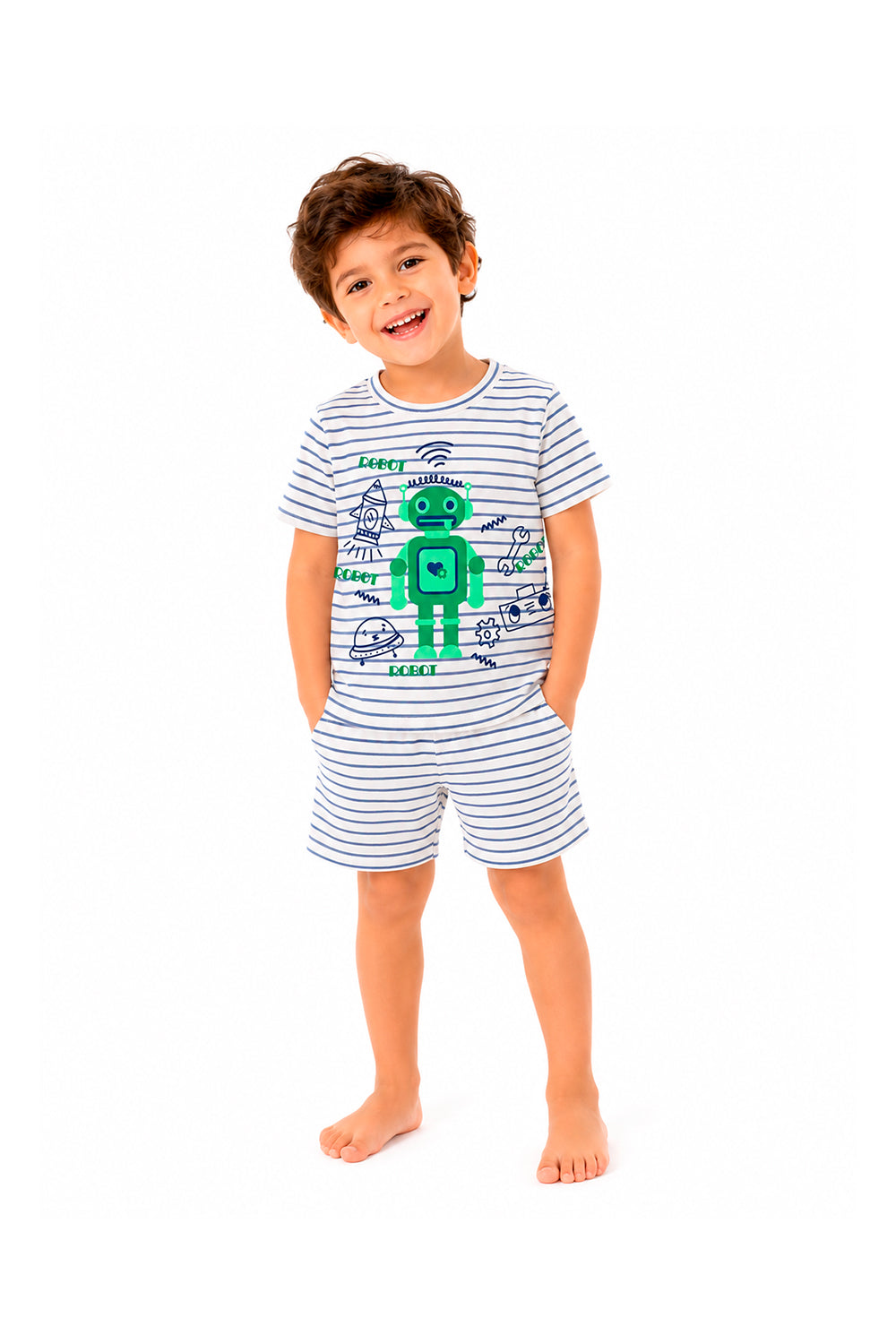 Pijama Infantil Menino Curto 100% Algodão Robô Listrado