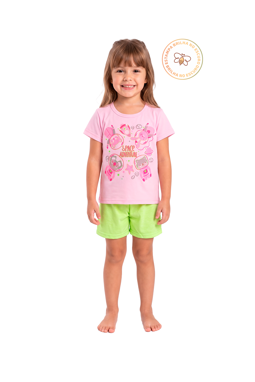 Pijama Infantil Menina Verão em Algodão Space Adventure Brilha no Escuro