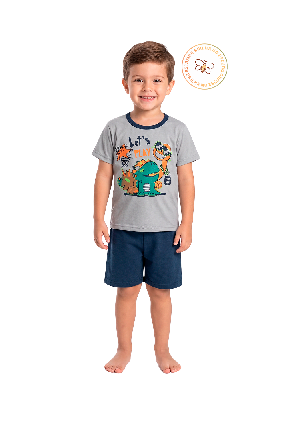Pijama Infantil Menino Verão em Algodão Dino Lets Brilha no Escuro