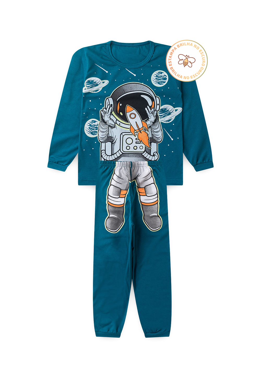 Pijama Infantil Menino Longo em Algodão Astronauta Brilha no Escuro