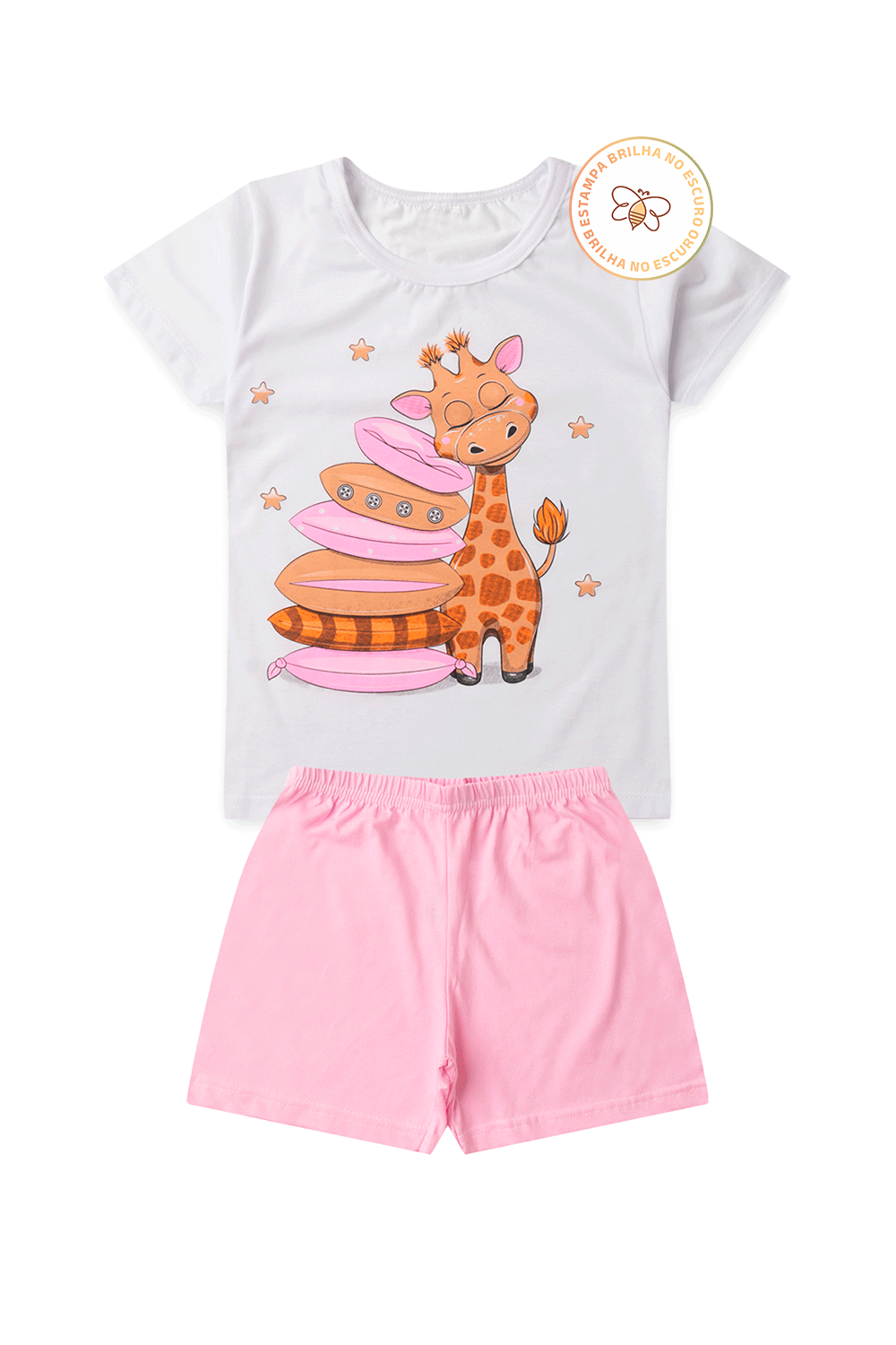 Pijama Infantil Menina Verão em Algodão Girafa Soneca Brilha no Escuro