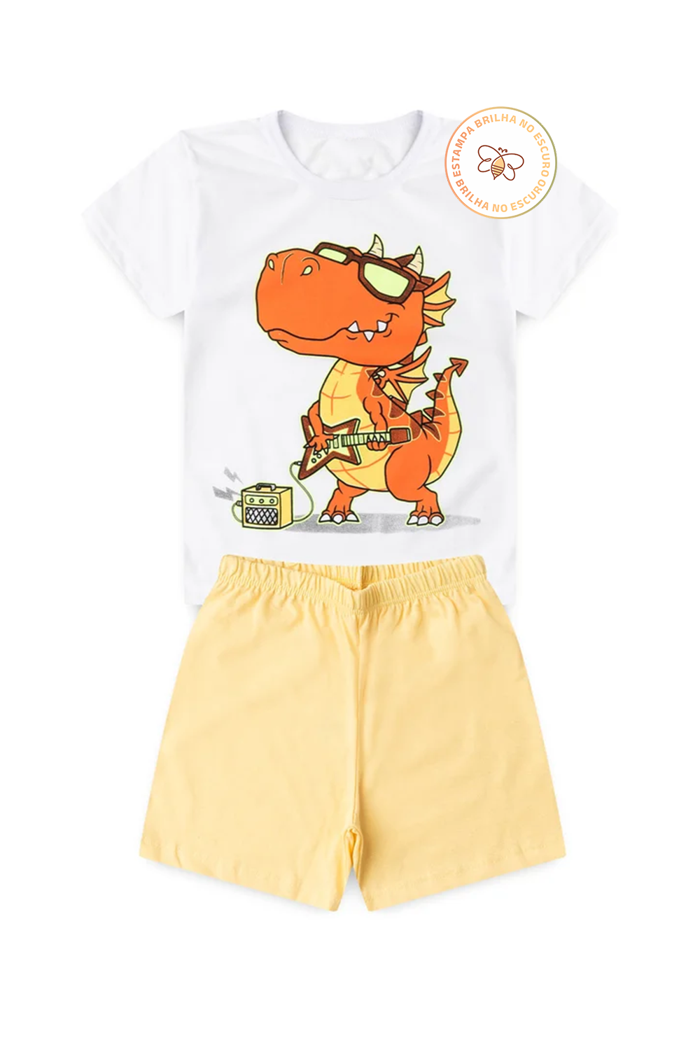 Pijama Infantil Menino Verão em Algodão Dino Guitarra Brilha no Escuro