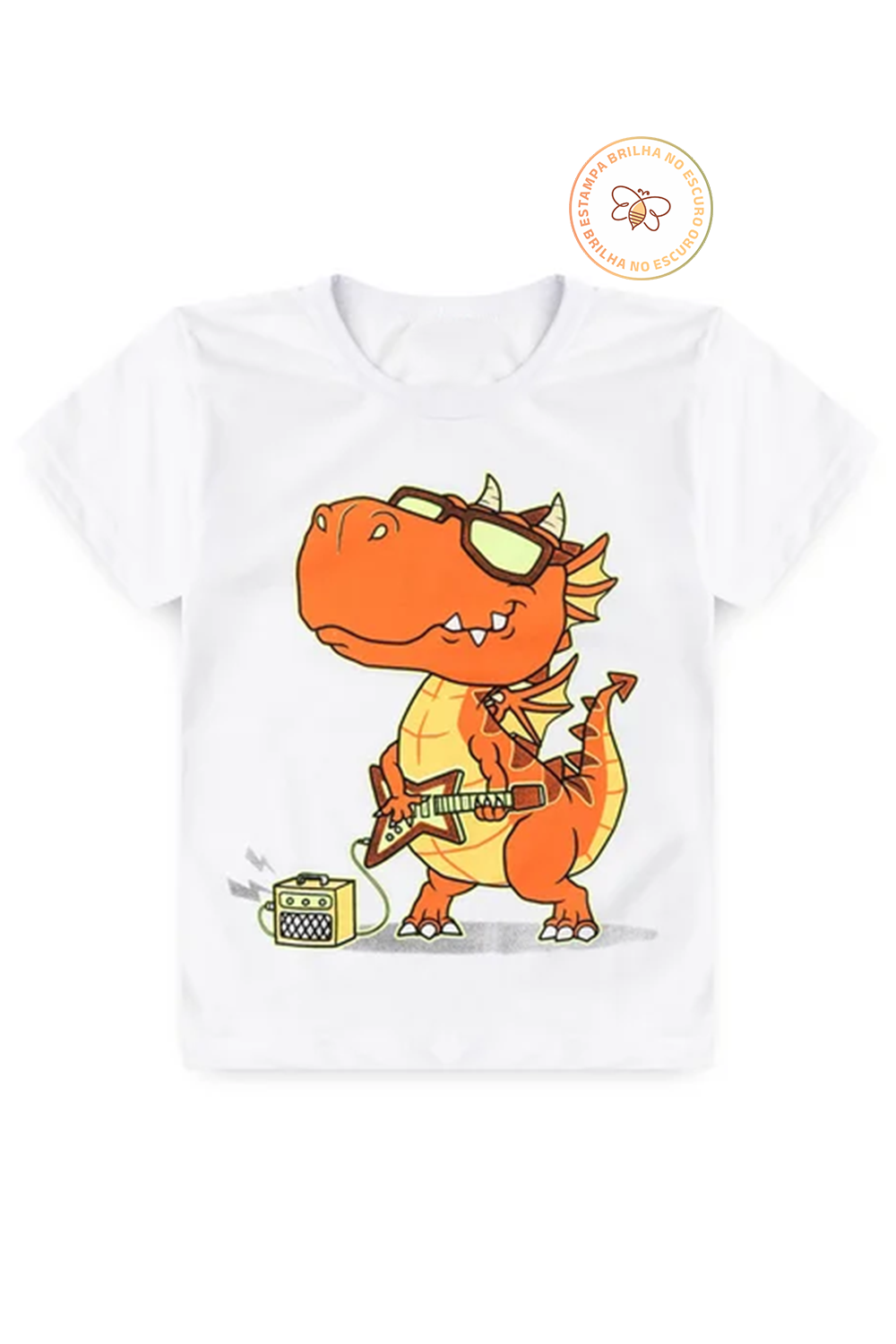 Pijama Infantil Menino Verão em Algodão Dino Guitarra Brilha no Escuro