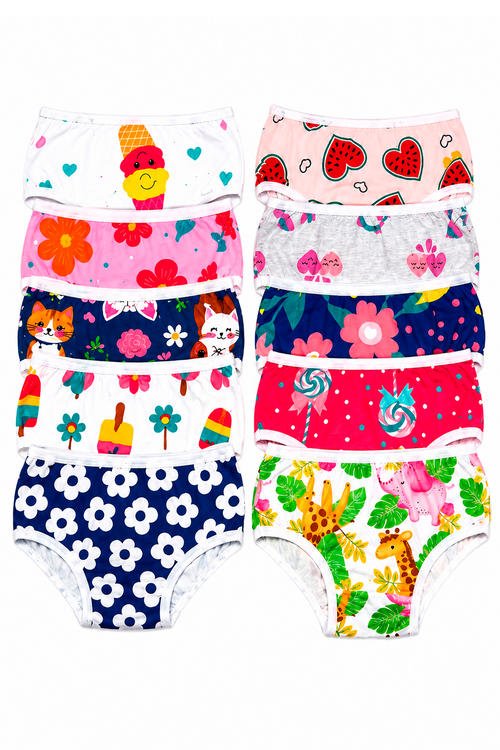 Kit 10 Calcinhas Infantil ManuBee Premium 100% Algodão Estampas Sortidas