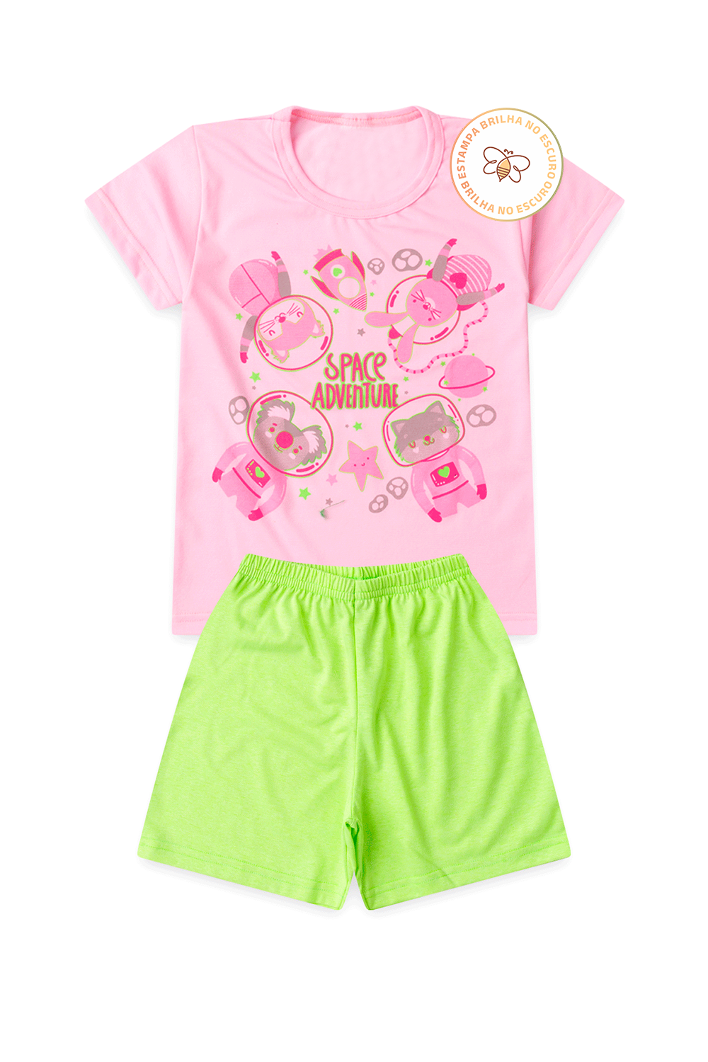Pijama Infantil Menina Verão em Algodão Space Adventure Brilha no Escuro