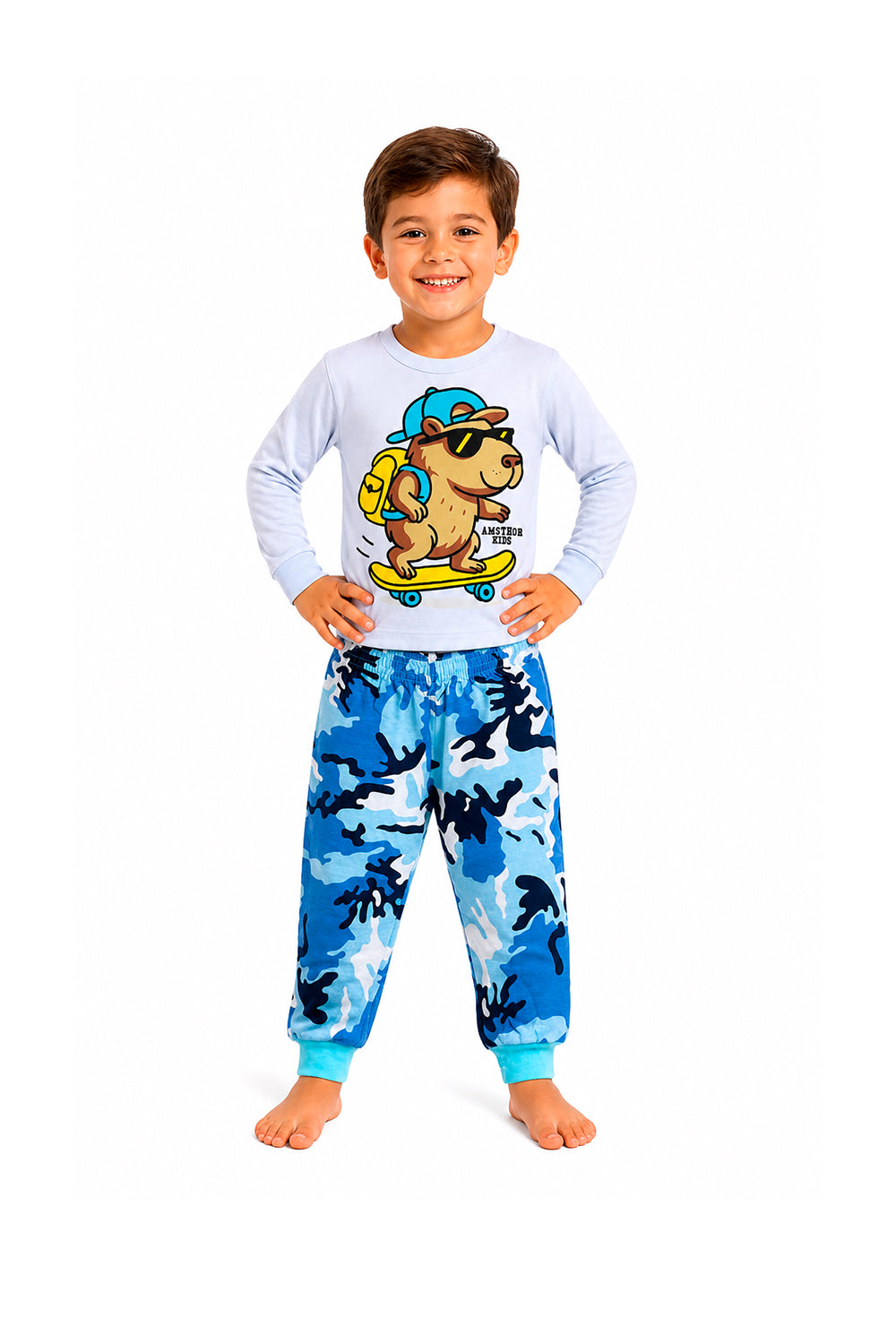 Pijama Infantil Menino Longo 100% Algodão Capivara Divertida