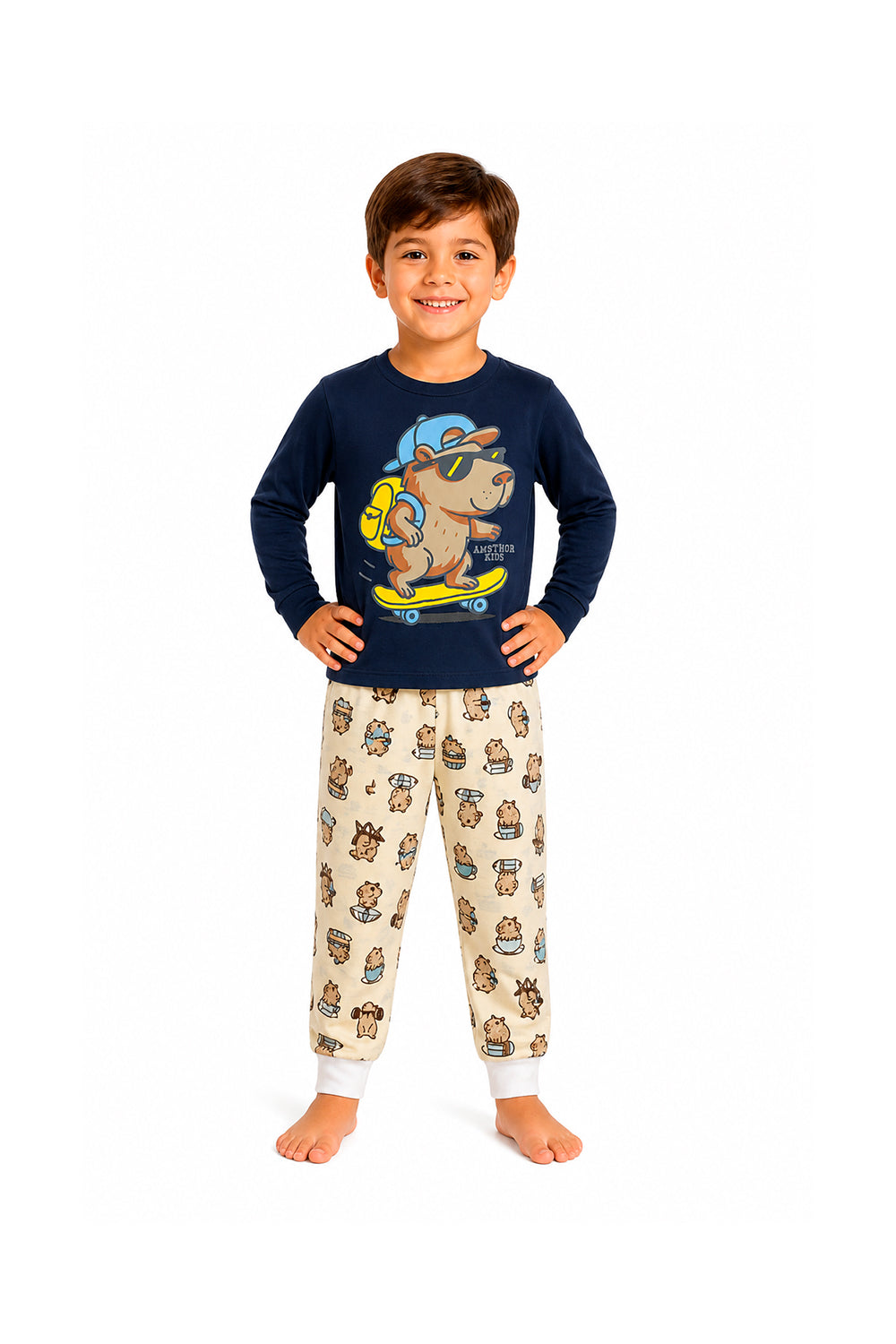 Pijama Infantil Menino Longo 100% Algodão Capivara no Skate