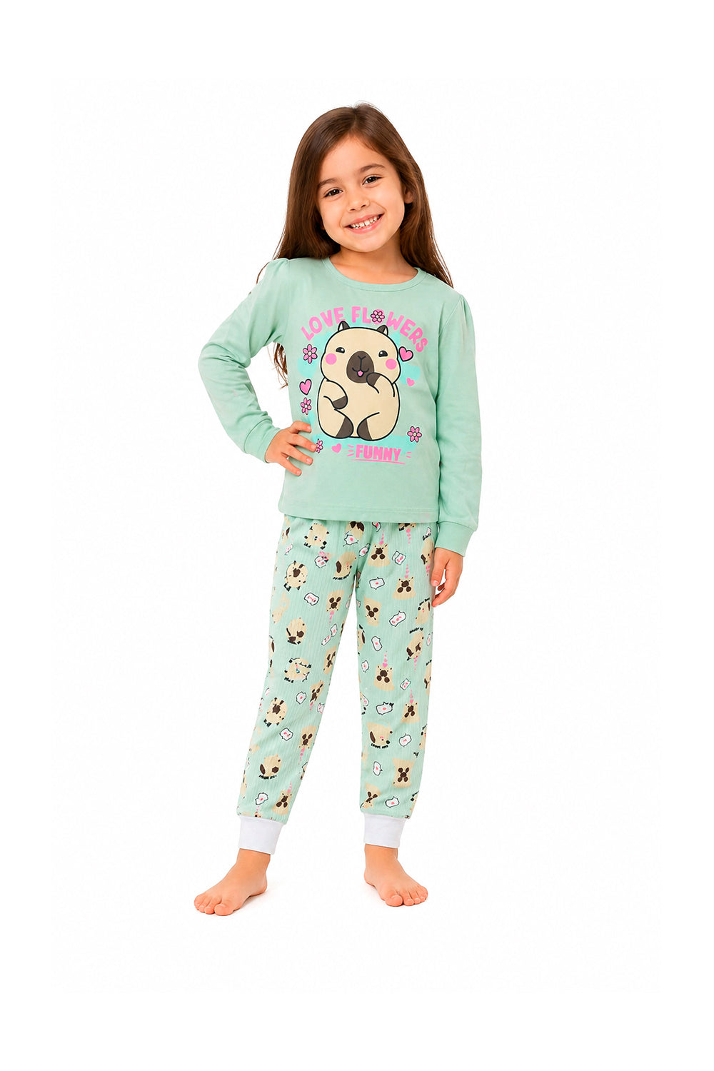 Pijama Infantil Menina Longo 100% Algodão Capivara Fofa