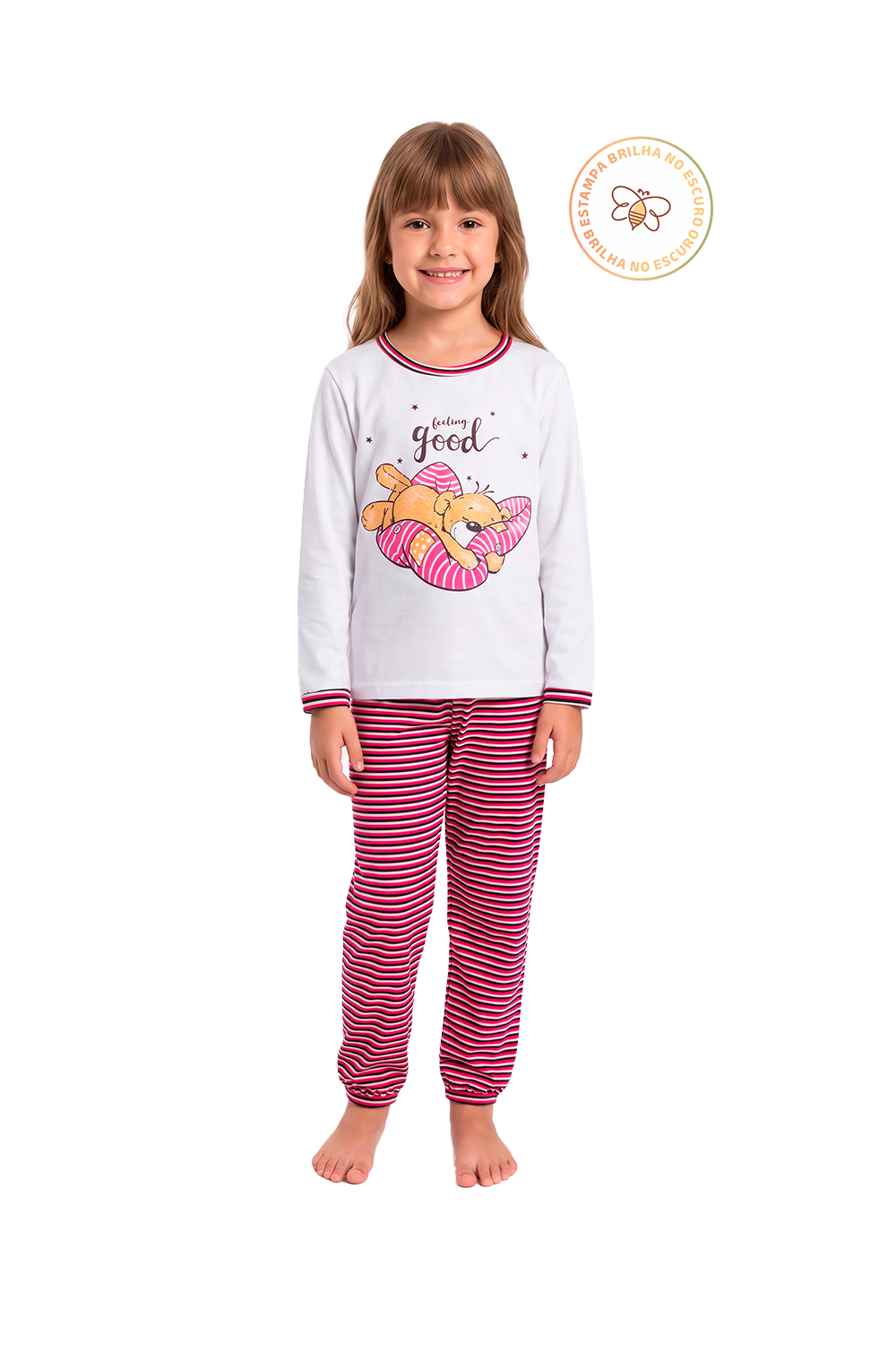 Pijama Infantil Menina Longo em Algodão Urso Feeling Good