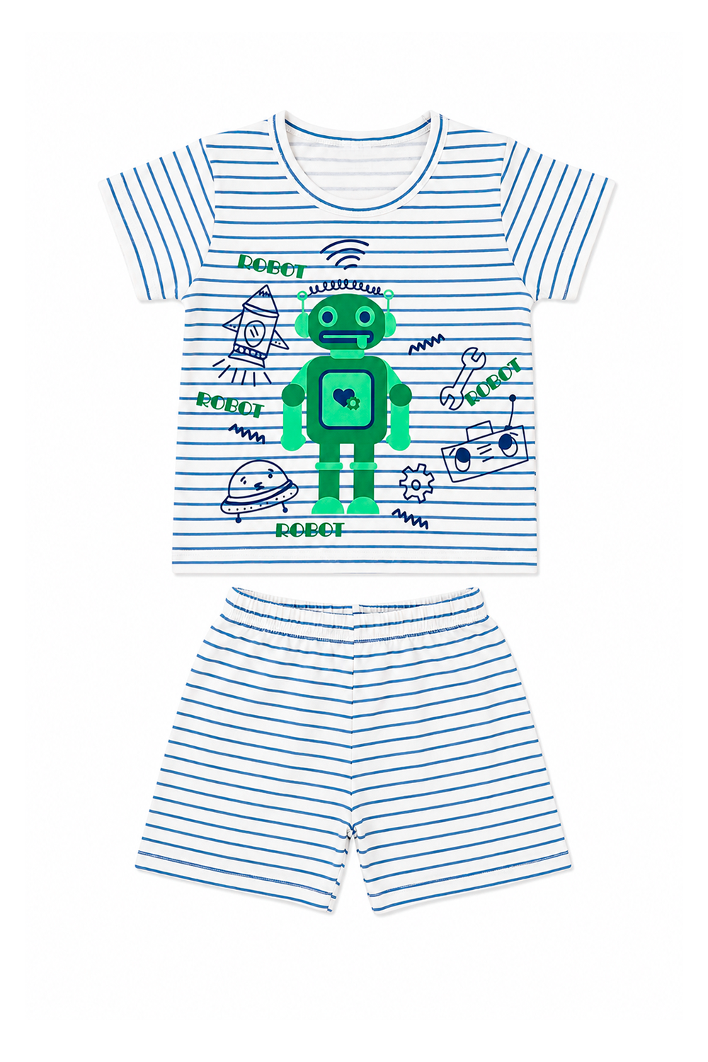 Pijama Infantil Menino Curto 100% Algodão Robô Listrado