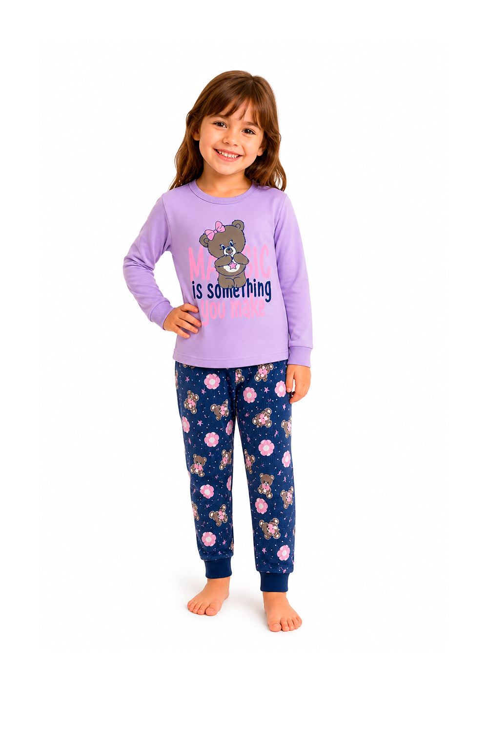 Pijama Infantil Menina Longo 100% Algodão Urso Fofo